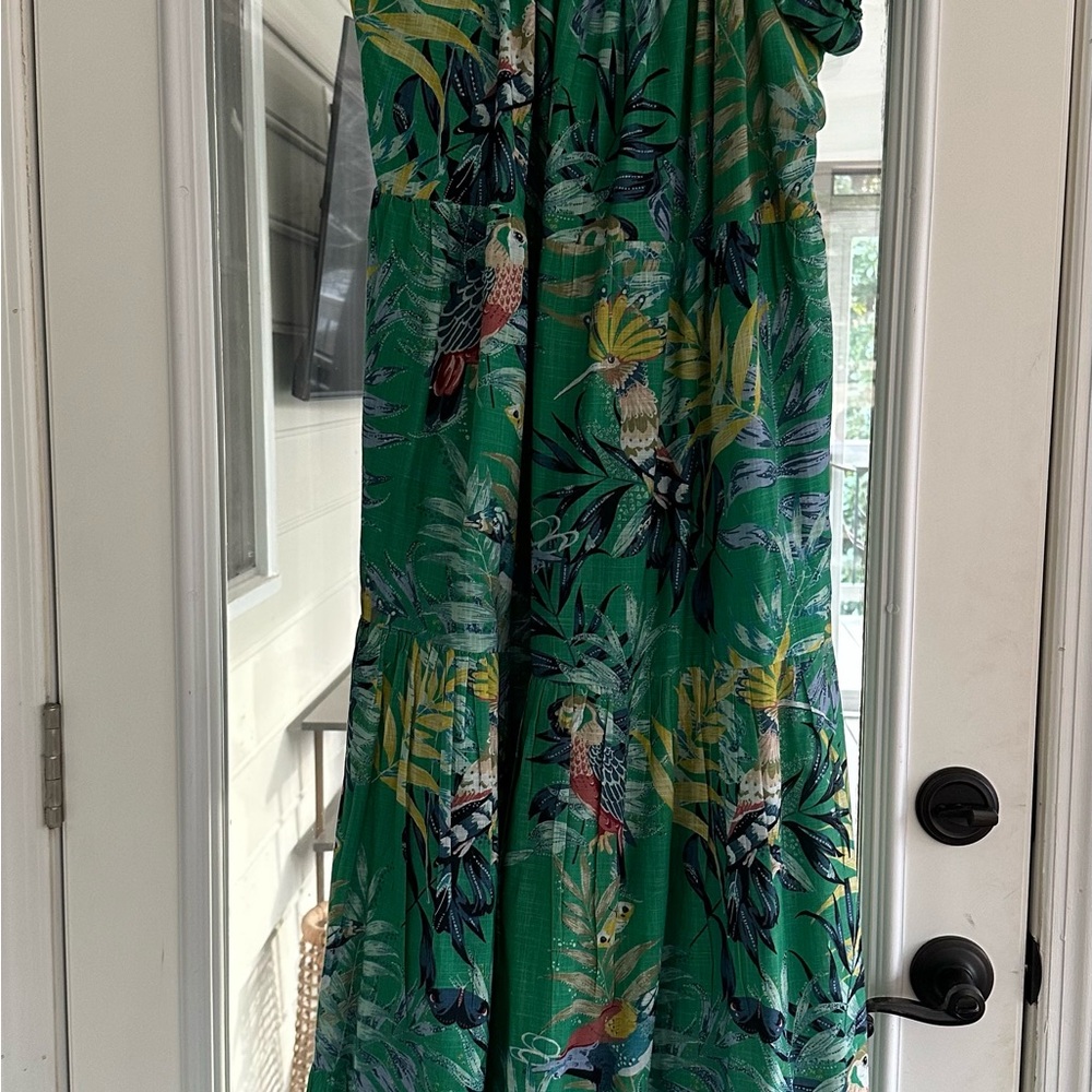 Anthropologie Green Tropical Maxi Dress
